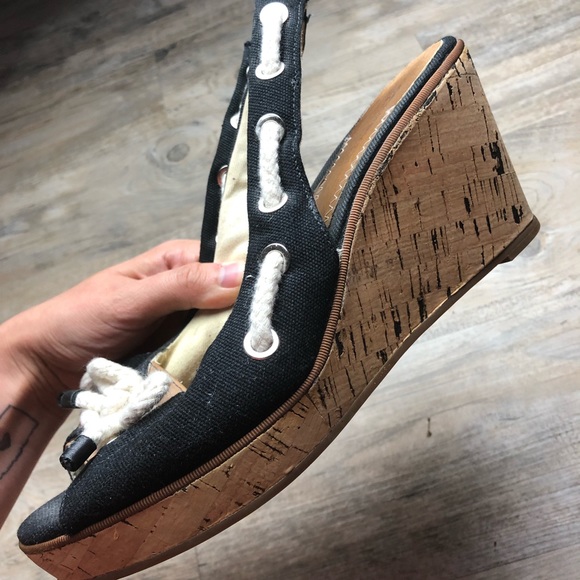 Sperry peep toe wedge black shoes rope - Picture 2 of 6
